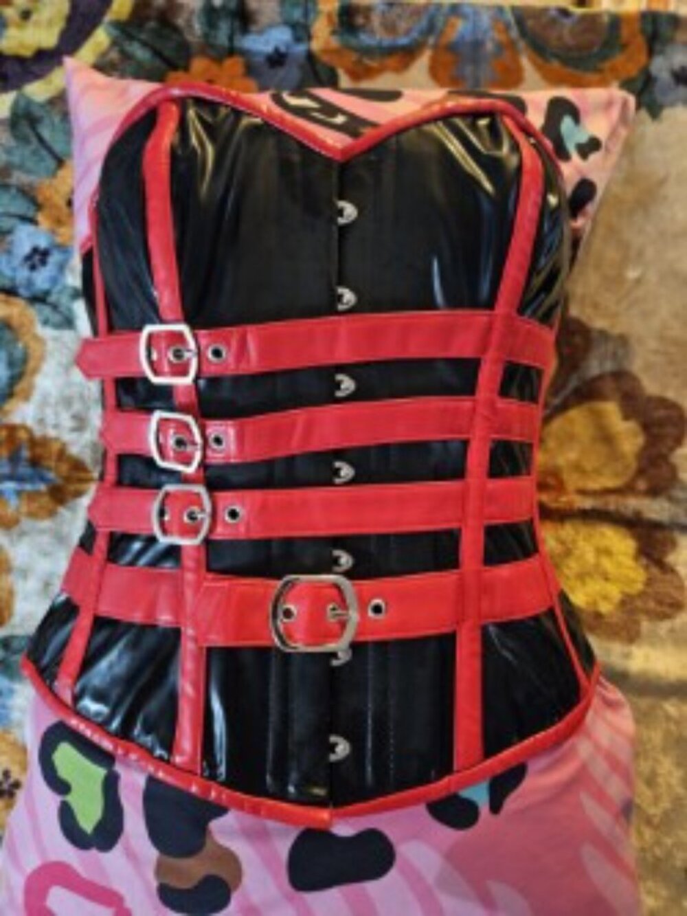 NWT XL/30" RED/BK PVC TIGHT LACING CORSETS W STRAPS FETISH Dangerous Liaison